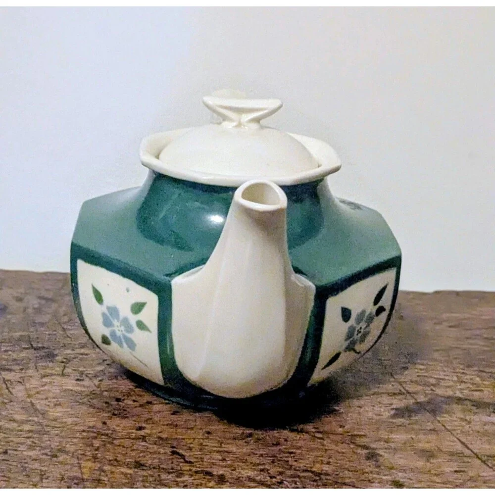 Vintage Porcelier Vitreous China Teapot Green White Geometric Floral  With Lid